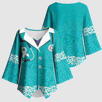New Zealand Nurses Week Kimono Sleeve Blouse Maori Kowhaiwhai Cyan Tribal LT9 - Polynesian Pride