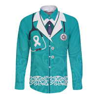 New Zealand Nurses Week Long Sleeve Button Shirt Maori Kowhaiwhai Cyan Tribal LT9 Unisex Cyan - Polynesian Pride