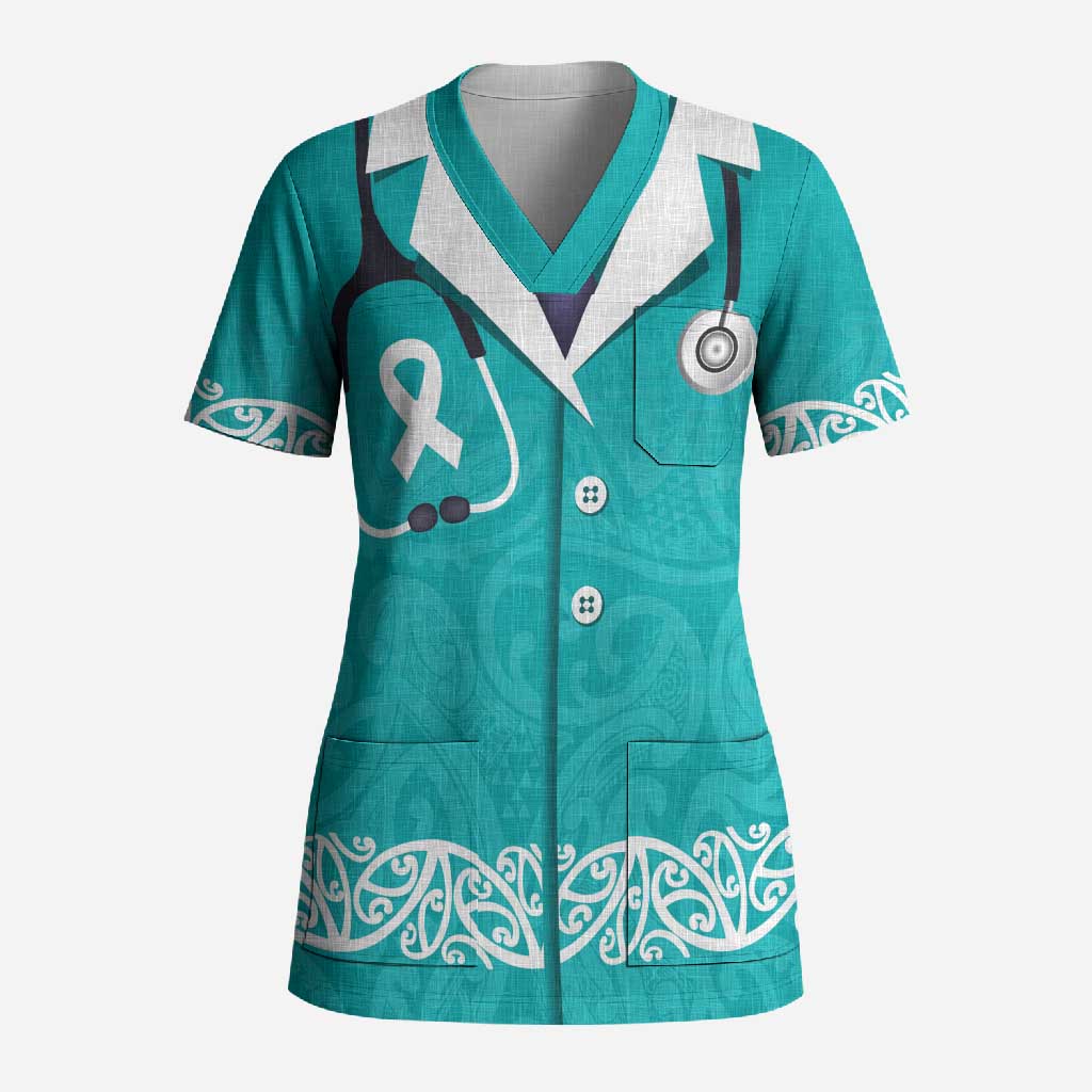 New Zealand Nurses Week Scrub Top Maori Kowhaiwhai Cyan Tribal LT9 Adult Cyan - Polynesian Pride