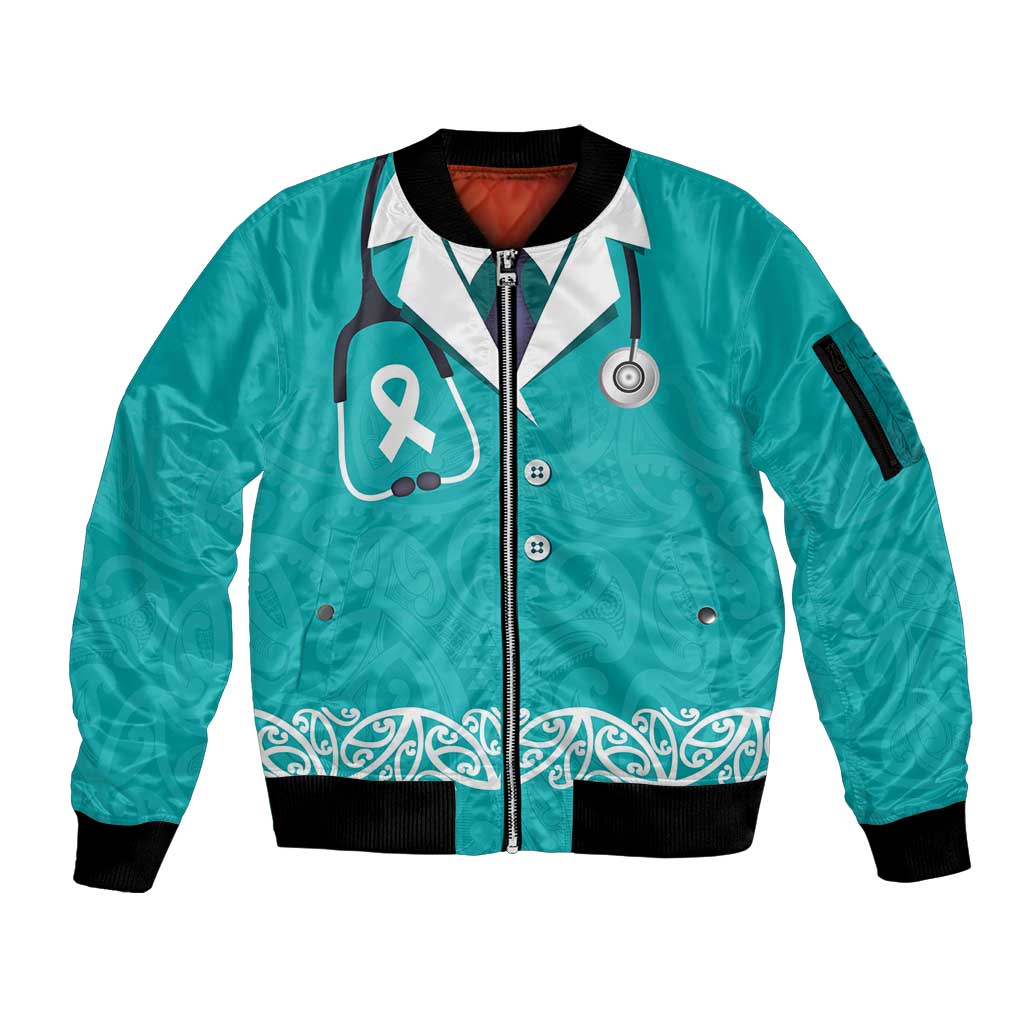 New Zealand Nurses Week Sleeve Zip Bomber Jacket Maori Kowhaiwhai Cyan Tribal LT9 Unisex Cyan - Polynesian Pride