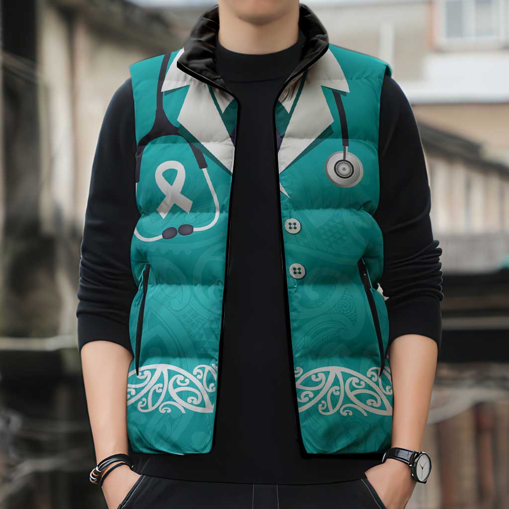 New Zealand Nurses Week Sleeveless Puffer Jacket Maori Kowhaiwhai Cyan Tribal LT9 - Polynesian Pride