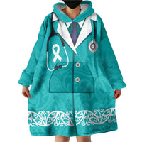 New Zealand Nurses Week Wearable Blanket Hoodie Maori Kowhaiwhai Cyan Tribal