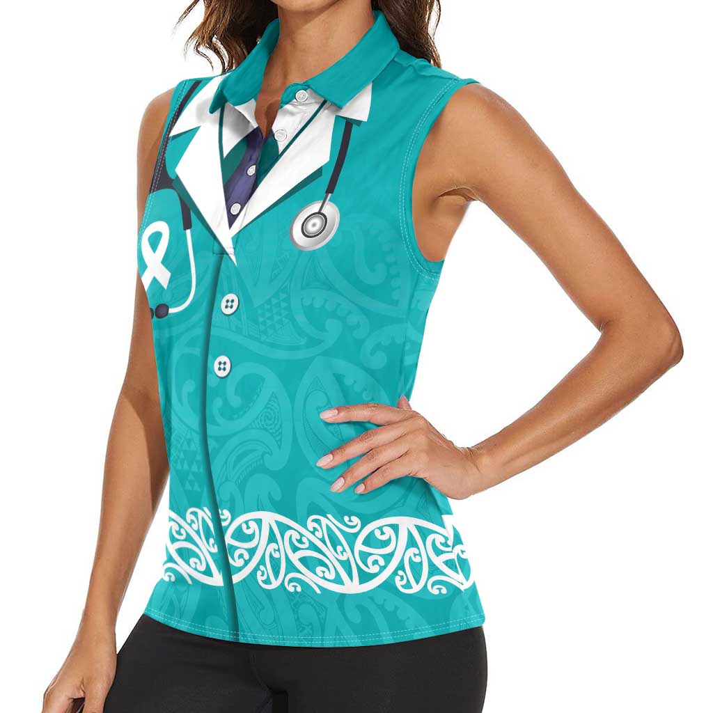 New Zealand Nurses Week Women Sleeveless Polo Shirt Maori Kowhaiwhai Cyan Tribal LT9 - Polynesian Pride