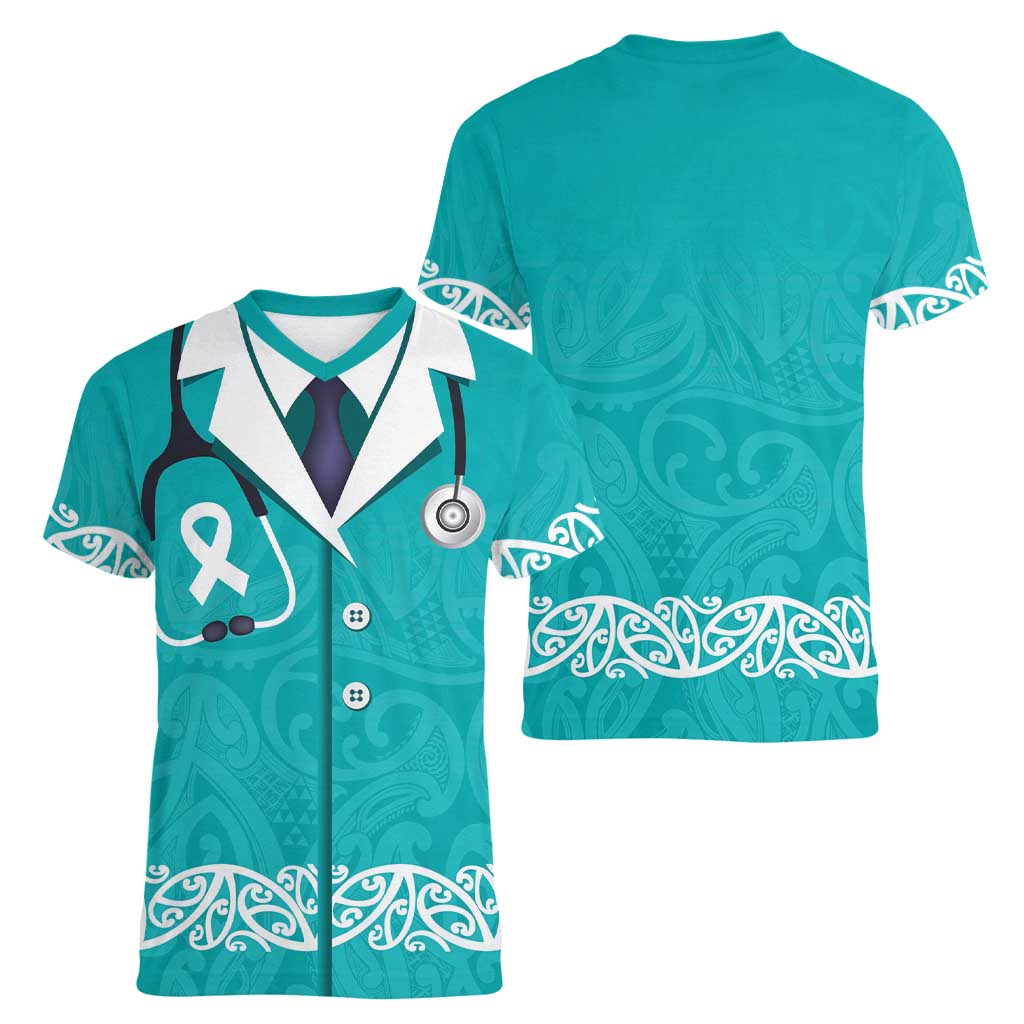 New Zealand Nurses Week Women V-Neck T-Shirt Maori Kowhaiwhai Cyan Tribal LT9 - Polynesian Pride