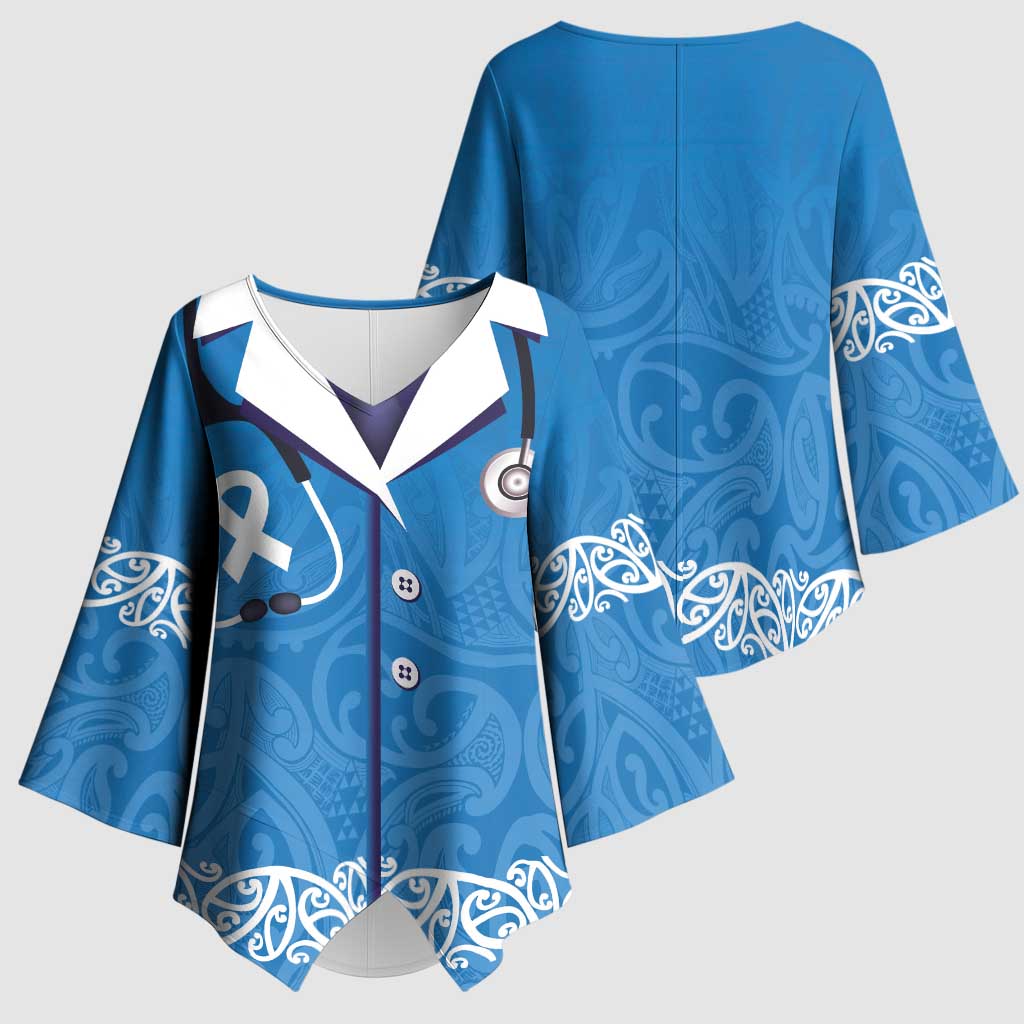New Zealand Nurses Week Kimono Sleeve Blouse Maori Kowhaiwhai Blue Tribal LT9 - Polynesian Pride