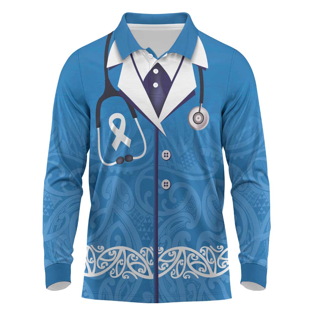 New Zealand Nurses Week Long Sleeve Polo Shirt Maori Kowhaiwhai Blue Tribal LT9 Blue - Polynesian Pride