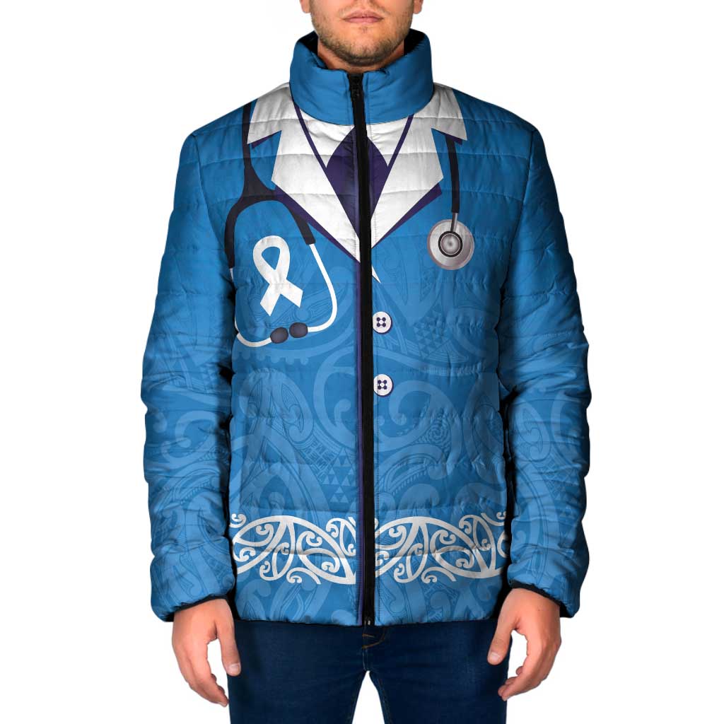 New Zealand Nurses Week Padded Jacket Maori Kowhaiwhai Blue Tribal