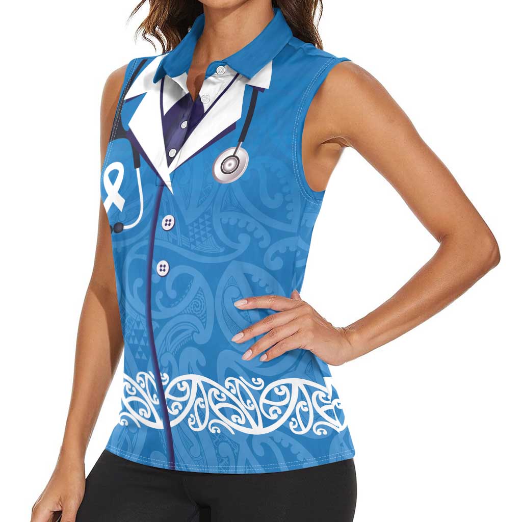 New Zealand Nurses Week Women Sleeveless Polo Shirt Maori Kowhaiwhai Blue Tribal LT9 - Polynesian Pride