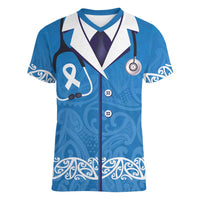New Zealand Nurses Week Women V-Neck T-Shirt Maori Kowhaiwhai Blue Tribal LT9 Female Blue - Polynesian Pride