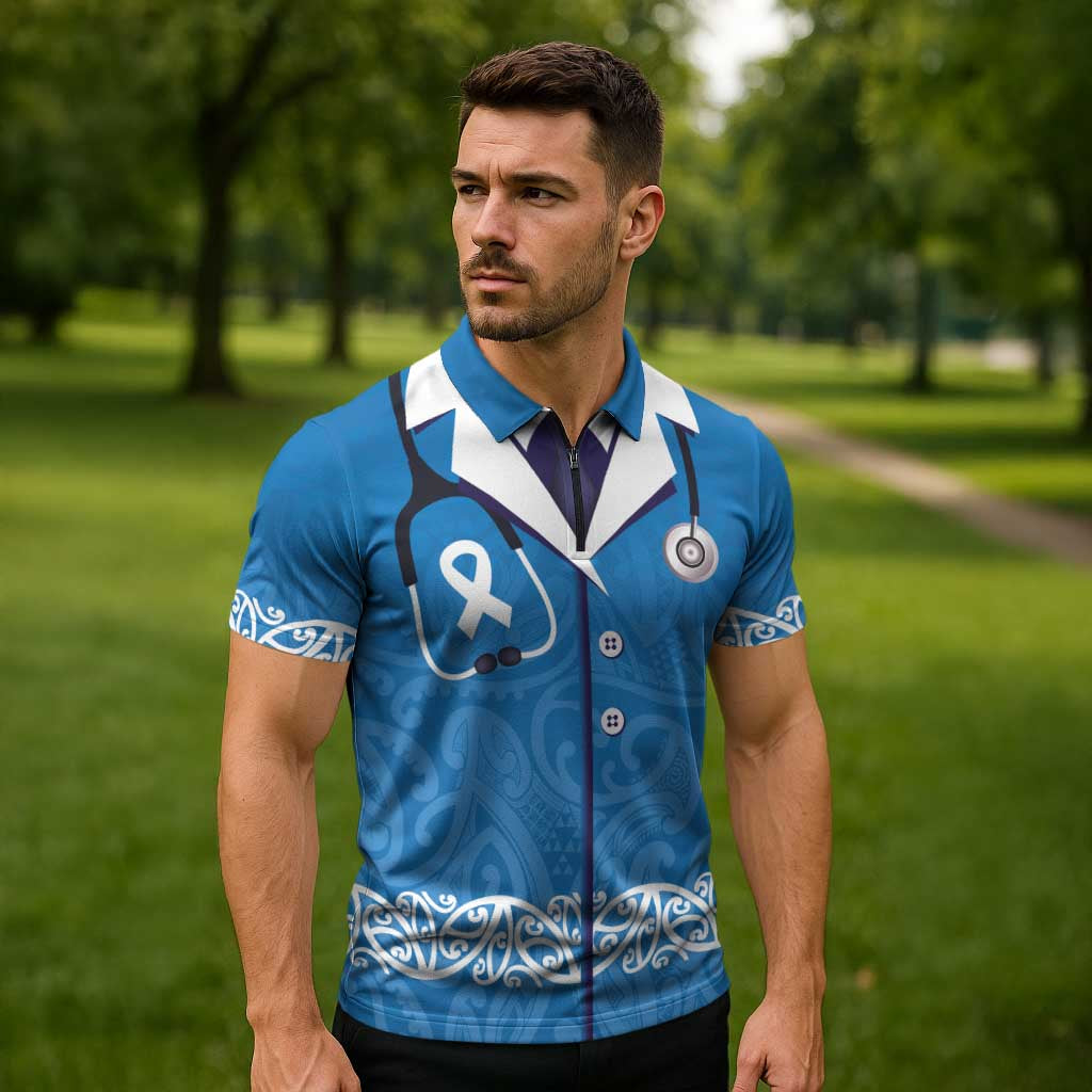 New Zealand Nurses Week Zipper Polo Shirt Maori Kowhaiwhai Blue Tribal LT9 - Polynesian Pride