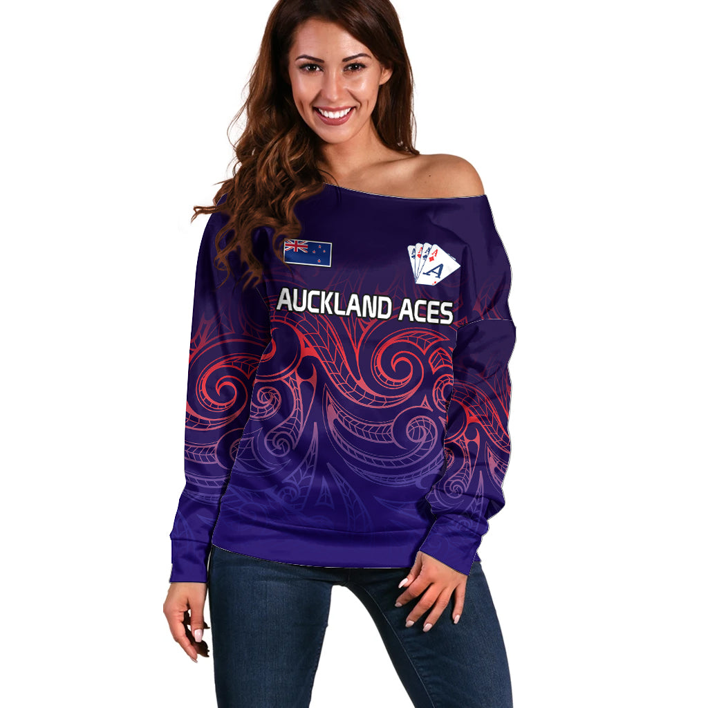 New Zealand Auckland Cricket Off Shoulder Sweater Maori Traditional Ethnic Style LT9 Women Gradient - Polynesian Pride