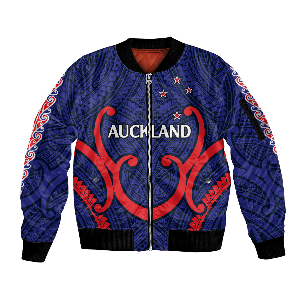 New Zealand Auckland Cricket Sleeve Zip Bomber Jacket Polynesian with Maori Koru LT9 Unisex Blue - Polynesian Pride