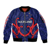 New Zealand Auckland Cricket Sleeve Zip Bomber Jacket Polynesian with Maori Koru LT9 Unisex Blue - Polynesian Pride