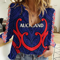 New Zealand Auckland Cricket Women Casual Shirt Polynesian with Maori Koru LT9 Female Blue - Polynesian Pride