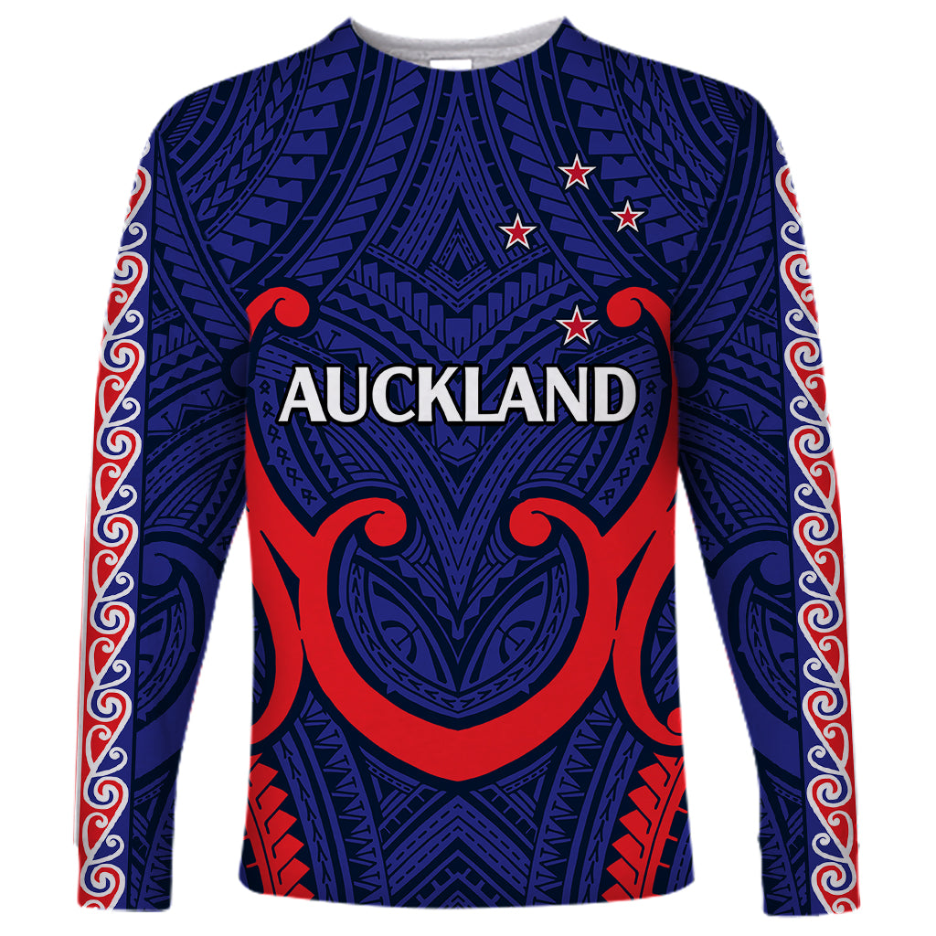 (Custom Text And Number) New Zealand Auckland Cricket Long Sleeve Shirt Polynesian with Maori Koru LT9 Unisex Blue - Polynesian Pride