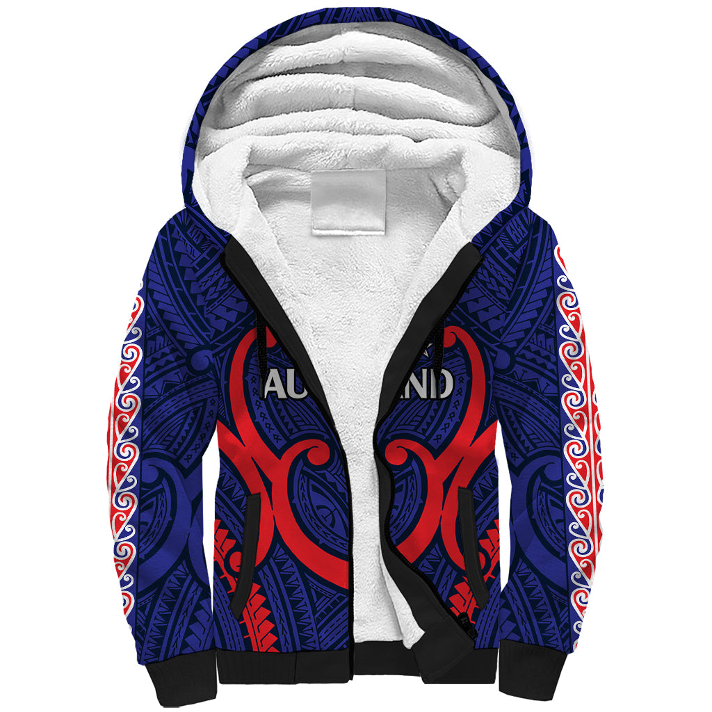 (Custom Text And Number) New Zealand Auckland Cricket Sherpa Hoodie Polynesian with Maori Koru LT9 Unisex Blue - Polynesian Pride