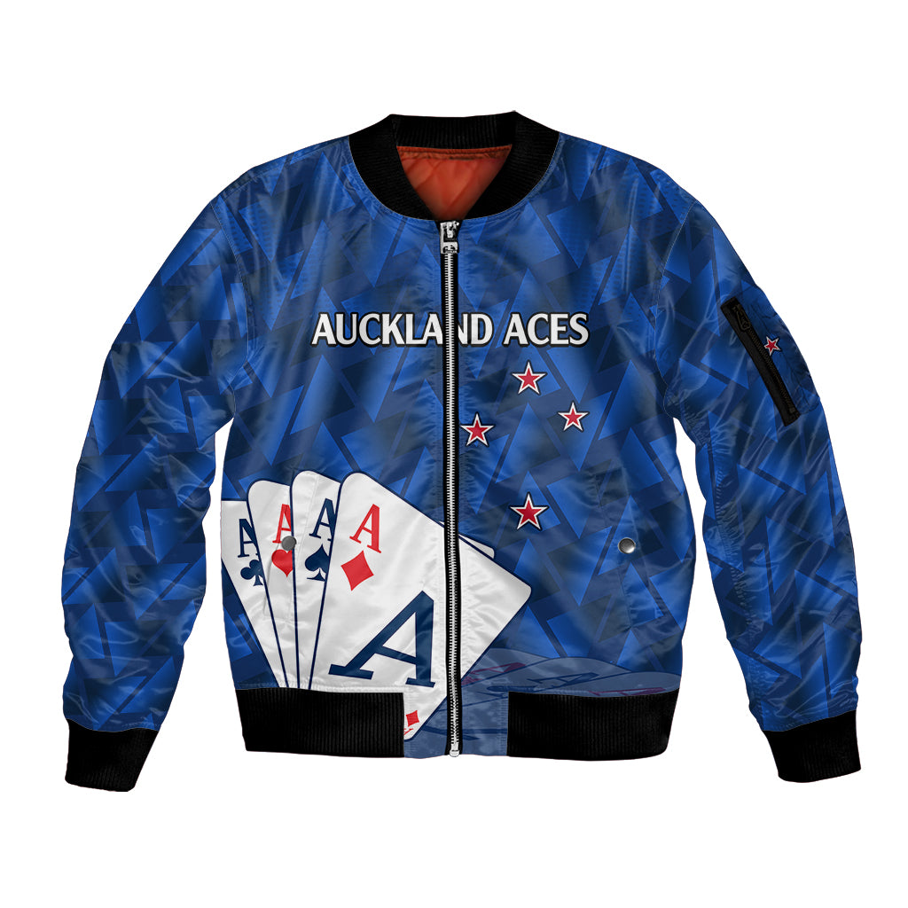 (Custom Text And Number) New Zealand Cricket Sleeve Zip Bomber Jacket Auckland Aces Sporty Style LT9 Unisex Blue - Polynesian Pride