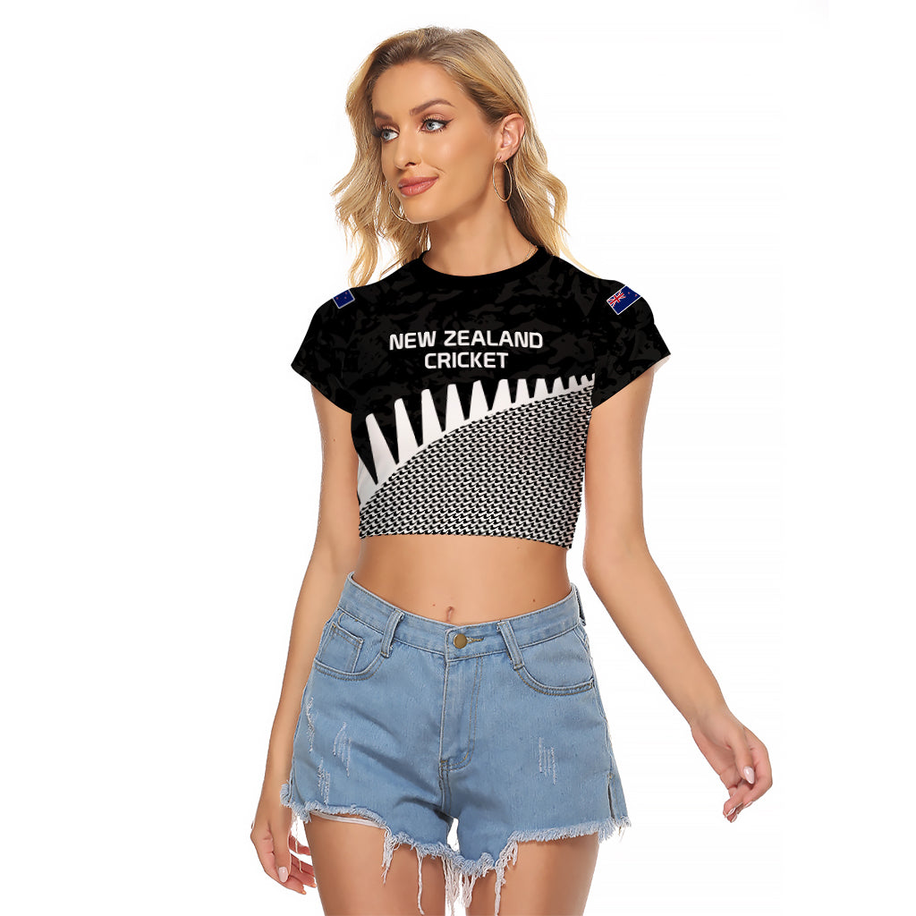 (Custom Text And Number) New Zealand Cricket Raglan Cropped T Shirt Black Cap Sporty Style No1 LT9 Female Black - Polynesian Pride