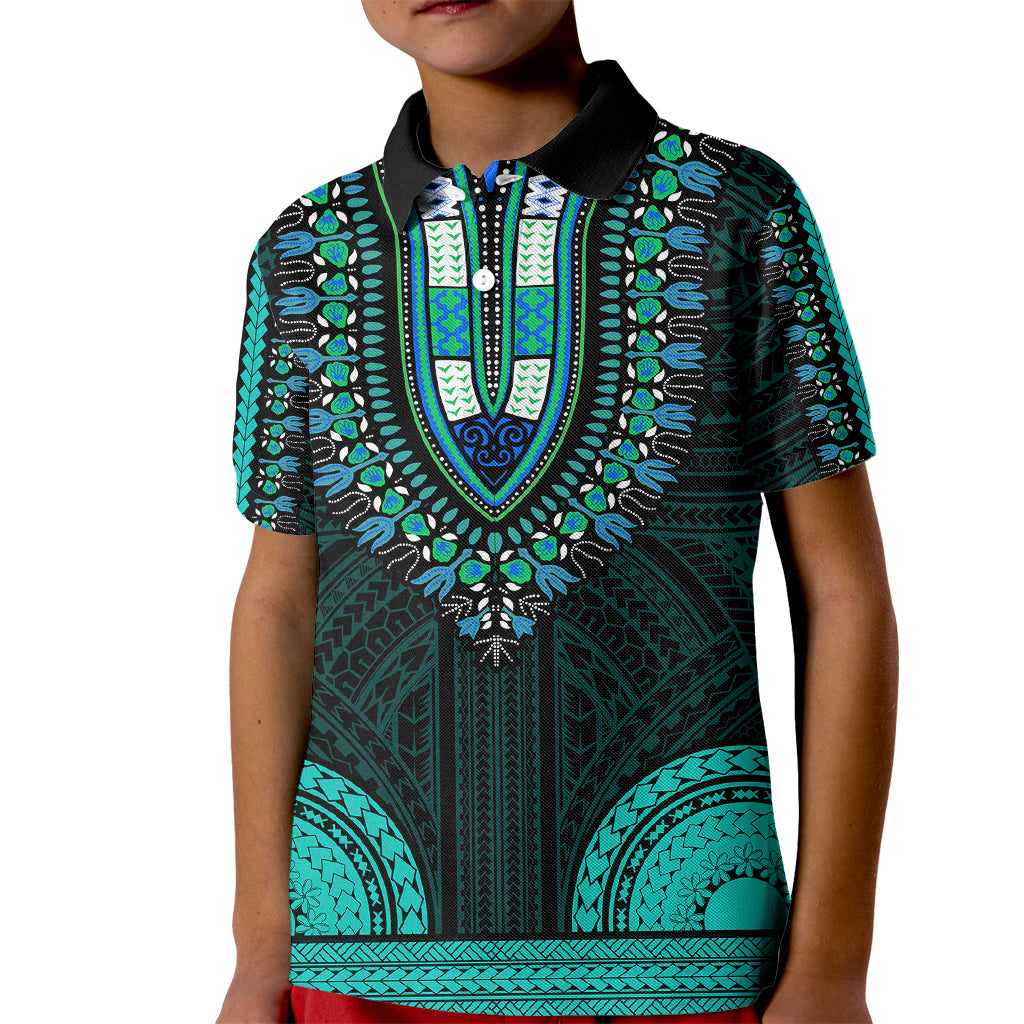 African Dashiki Kid Polo Shirt With Polynesian Pattern - Teal LT9 Kid Teal - Polynesian Pride