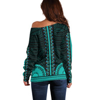 African Dashiki Off Shoulder Sweater With Polynesian Pattern - Teal LT9 - Polynesian Pride