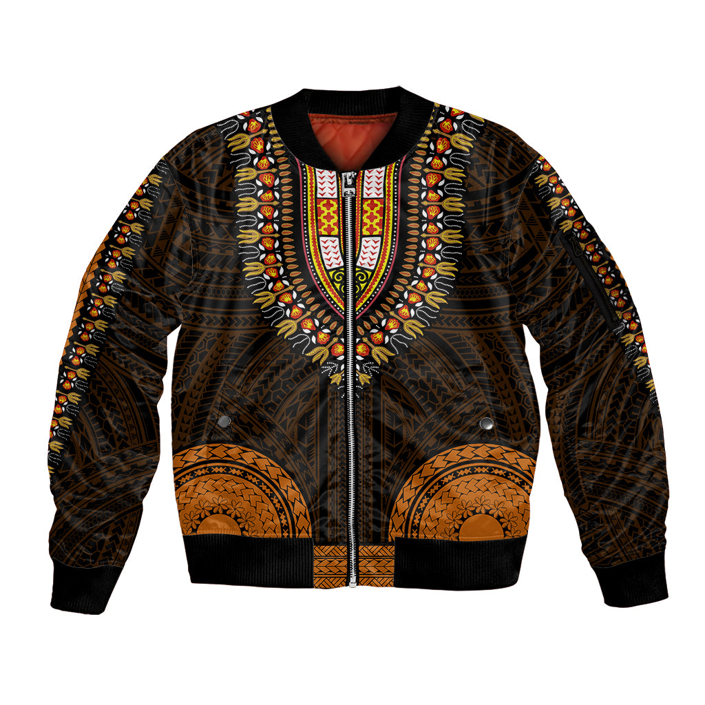 African Dashiki Sleeve Zip Bomber Jacket With Polynesian Pattern - Gold LT9 Unisex Gold - Polynesian Pride