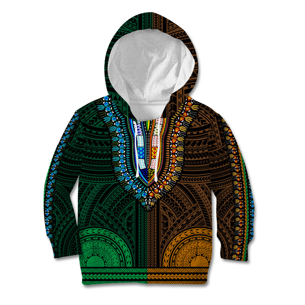 African Dashiki Kid Hoodie With Polynesian Pattern - Half Green and Gold LT9 Green and Gold - Polynesian Pride