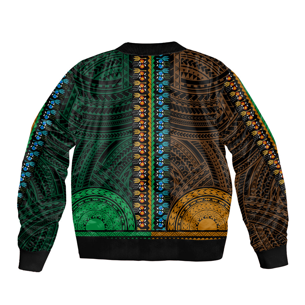 African Dashiki Sleeve Zip Bomber Jacket With Polynesian Pattern - Half Green and Gold LT9 - Polynesian Pride