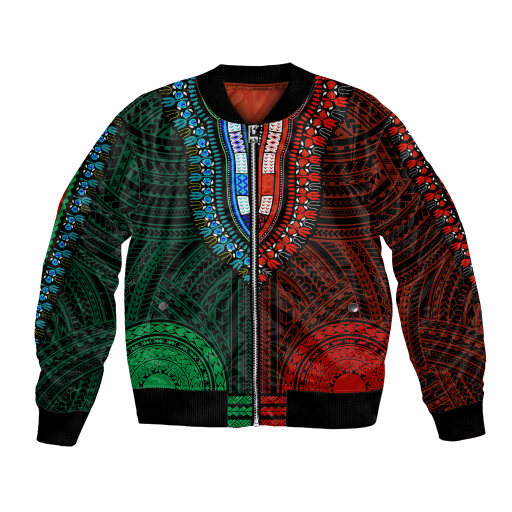 African Dashiki Bomber Jacket With Polynesian Pattern - Half Green and Red LT9 Unisex Green and Red - Polynesian Pride
