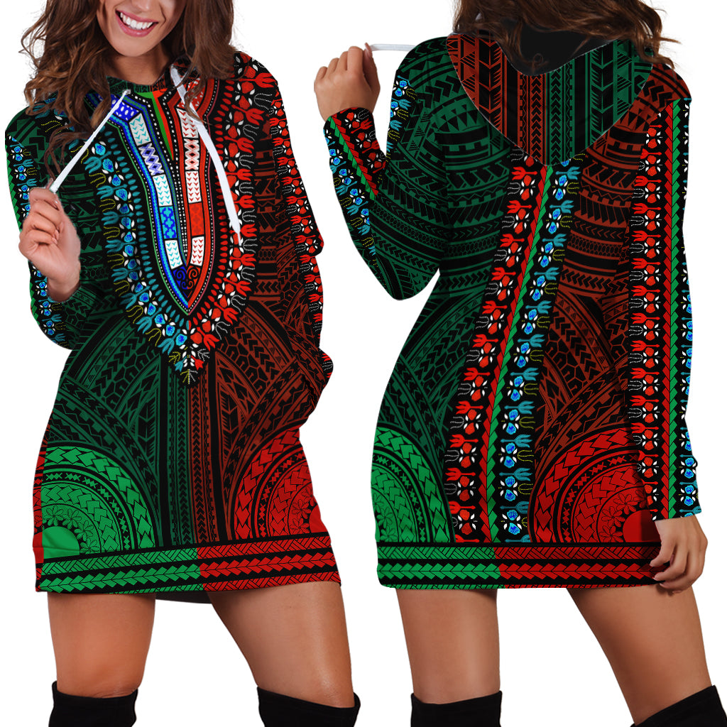 African Dashiki Hoodie Dress With Polynesian Pattern - Half Green and Red LT9 - Polynesian Pride