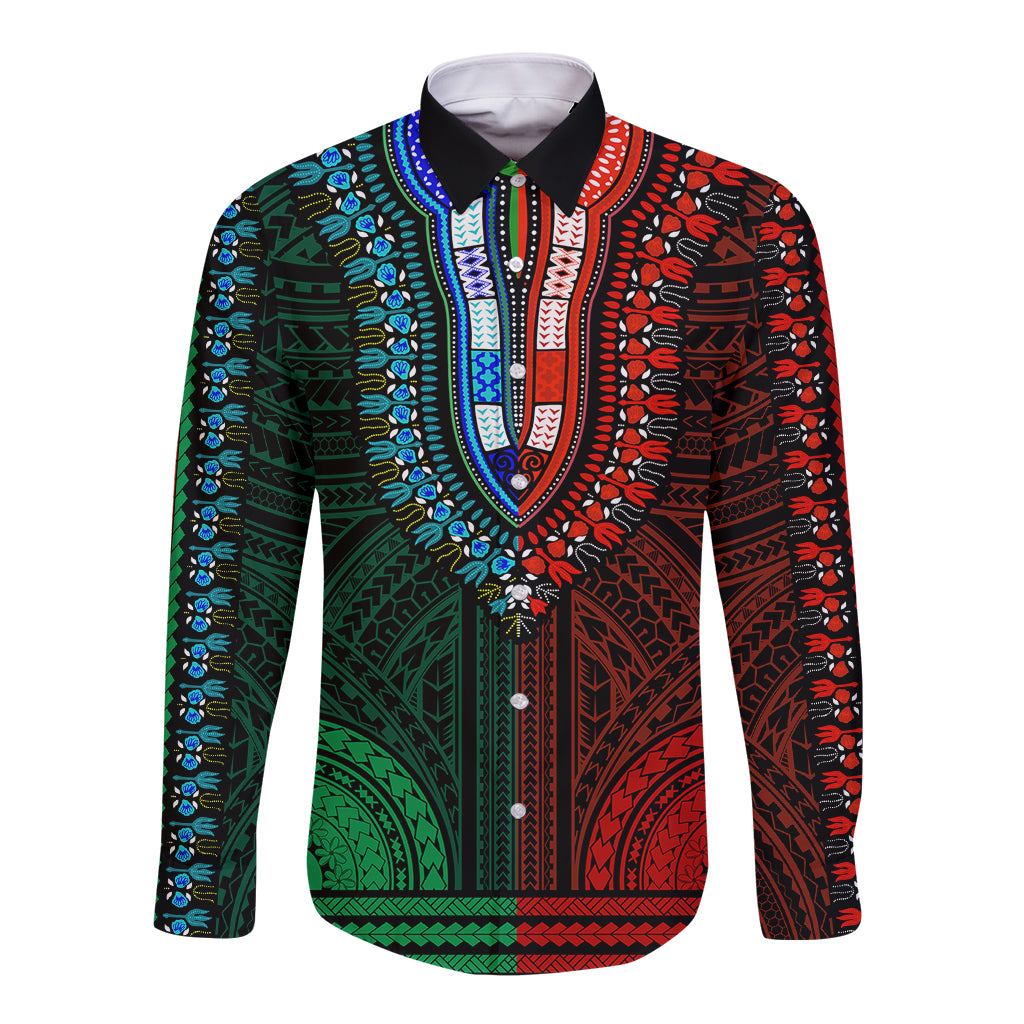 African Dashiki Long Sleeve Button Shirt With Polynesian Pattern - Half Green and Red LT9 Unisex Green and Red - Polynesian Pride