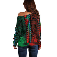 African Dashiki Off Shoulder Sweater With Polynesian Pattern - Half Green and Red LT9 - Polynesian Pride