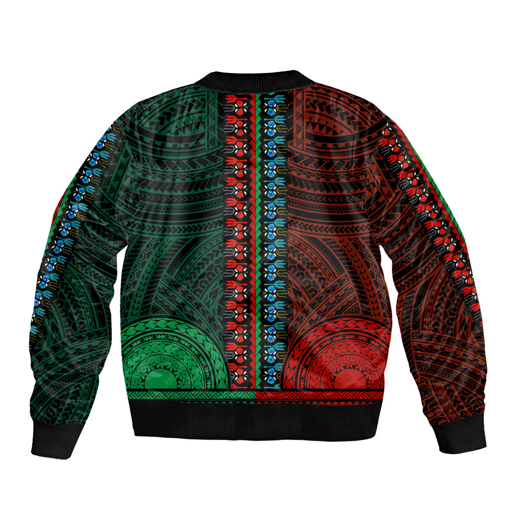 African Dashiki Sleeve Zip Bomber Jacket With Polynesian Pattern - Half Green and Red LT9 - Polynesian Pride