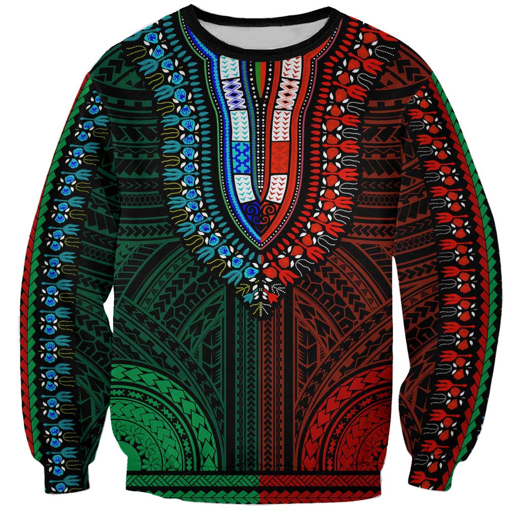African Dashiki Sweatshirt With Polynesian Pattern - Half Green and Red LT9 Unisex Green and Red - Polynesian Pride