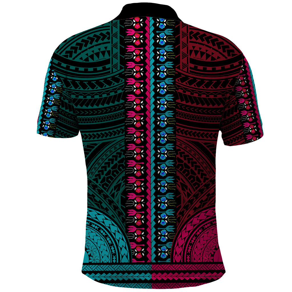 African Dashiki Polo Shirt With Polynesian Pattern Half Teal and Pink LT9 - Polynesian Pride