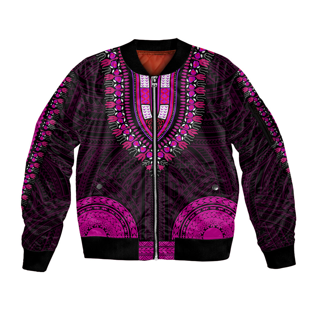 African Dashiki Sleeve Zip Bomber Jacket With Polynesian Pattern - Pink LT9 Unisex Pink - Polynesian Pride