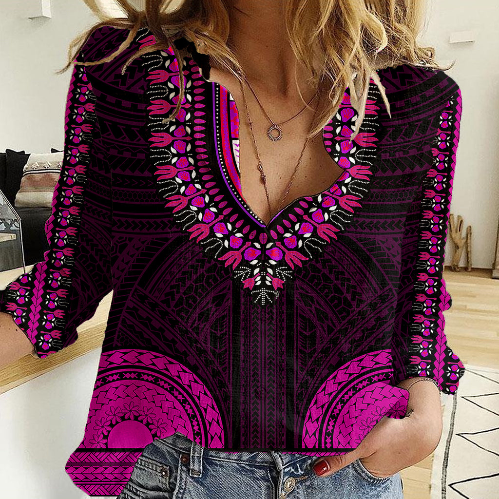 African Dashiki Women Casual Shirt With Polynesian Pattern - Pink LT9 Female Pink - Polynesian Pride