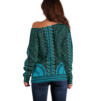 African Dashiki Off Shoulder Sweater With Tapa Pattern - Teal LT9 - Polynesian Pride