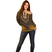 African Dashiki Off Shoulder Sweater With Tapa Pattern - Gold LT9 - Polynesian Pride