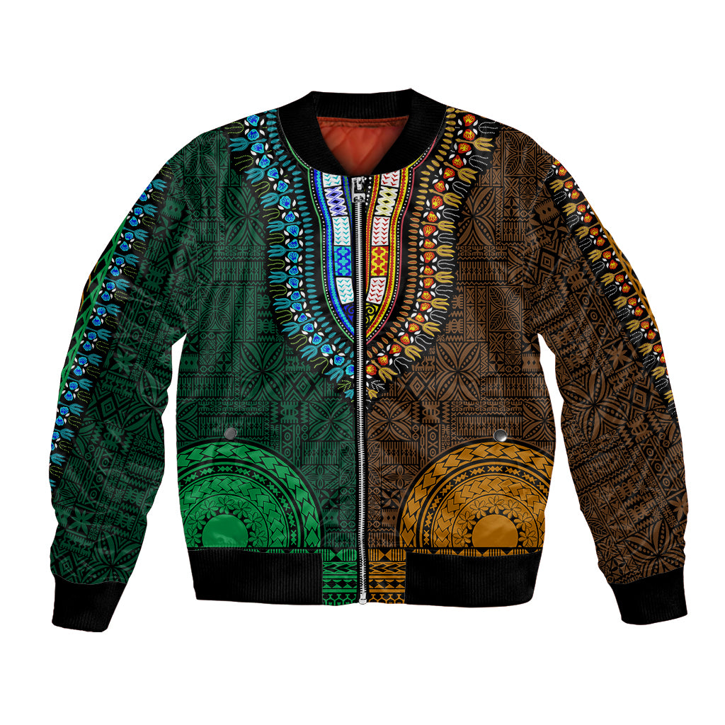 African Dashiki Bomber Jacket With Tapa Pattern - Half Green and Gold LT9 Unisex Green and Gold - Polynesian Pride