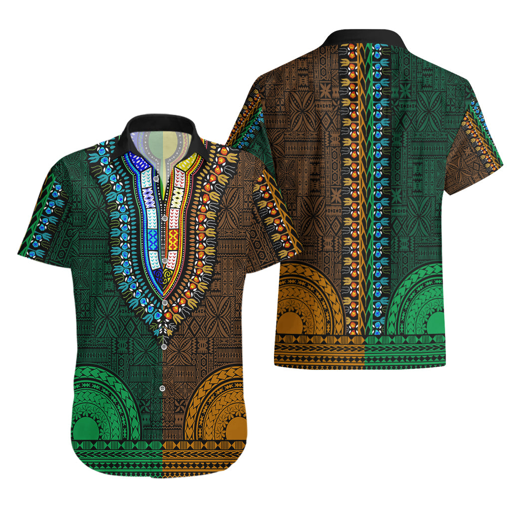 African Dashiki Hawaiian Shirt With Tapa Pattern - Half Green and Gold LT9 - Polynesian Pride