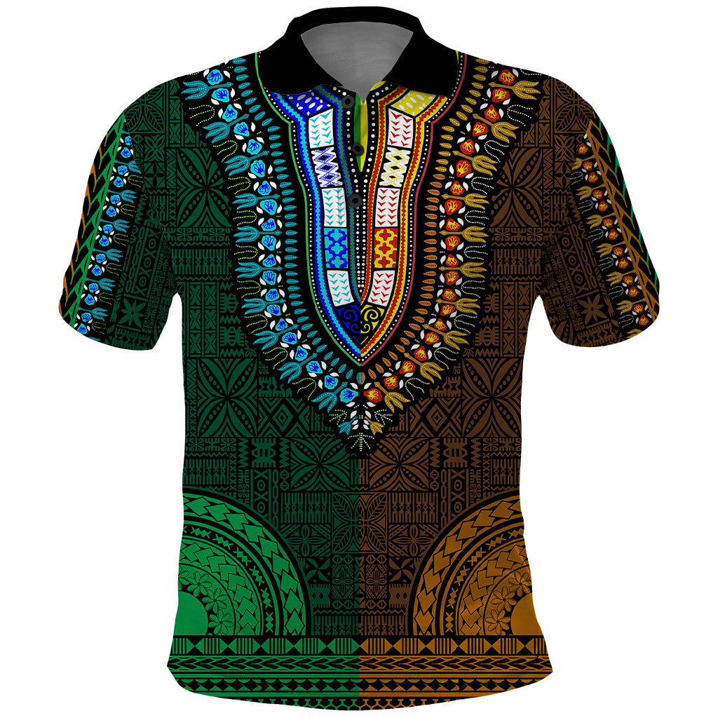 African Dashiki Polo Shirt With Tapa Pattern Half Green and Gold LT9 Green and Gold - Polynesian Pride