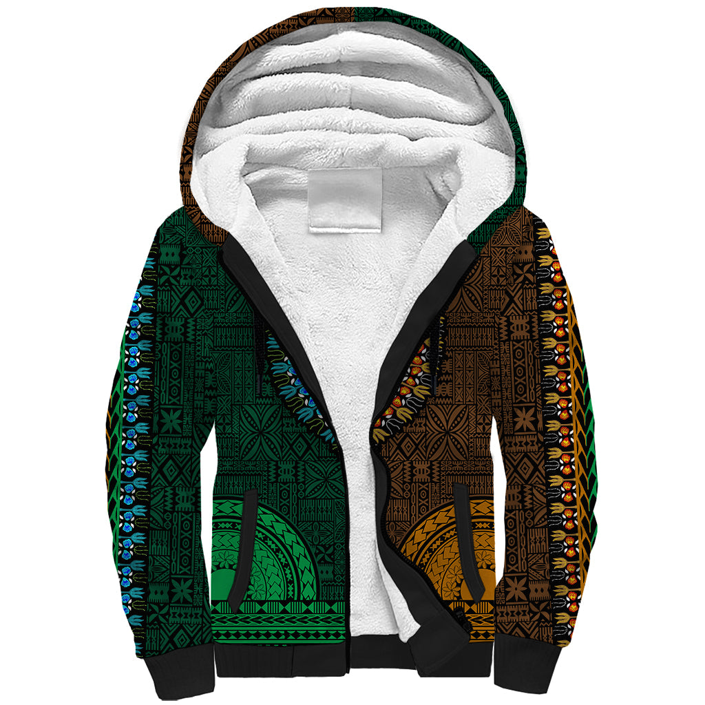 African Dashiki Sherpa Hoodie With Tapa Pattern - Half Green and Gold LT9 Unisex Green and Gold - Polynesian Pride