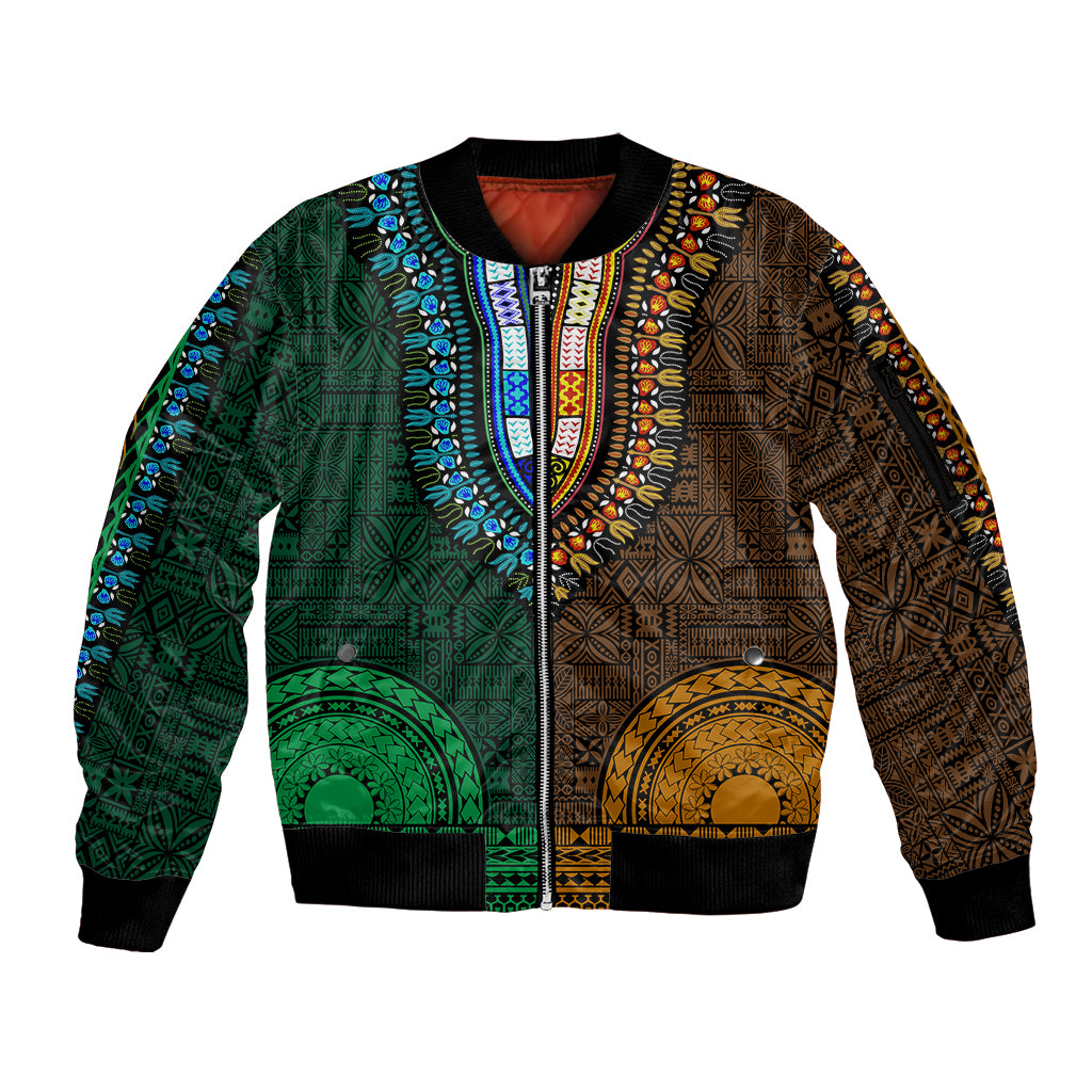 African Dashiki Sleeve Zip Bomber Jacket With Tapa Pattern - Half Green and Gold LT9 Unisex Green and Gold - Polynesian Pride