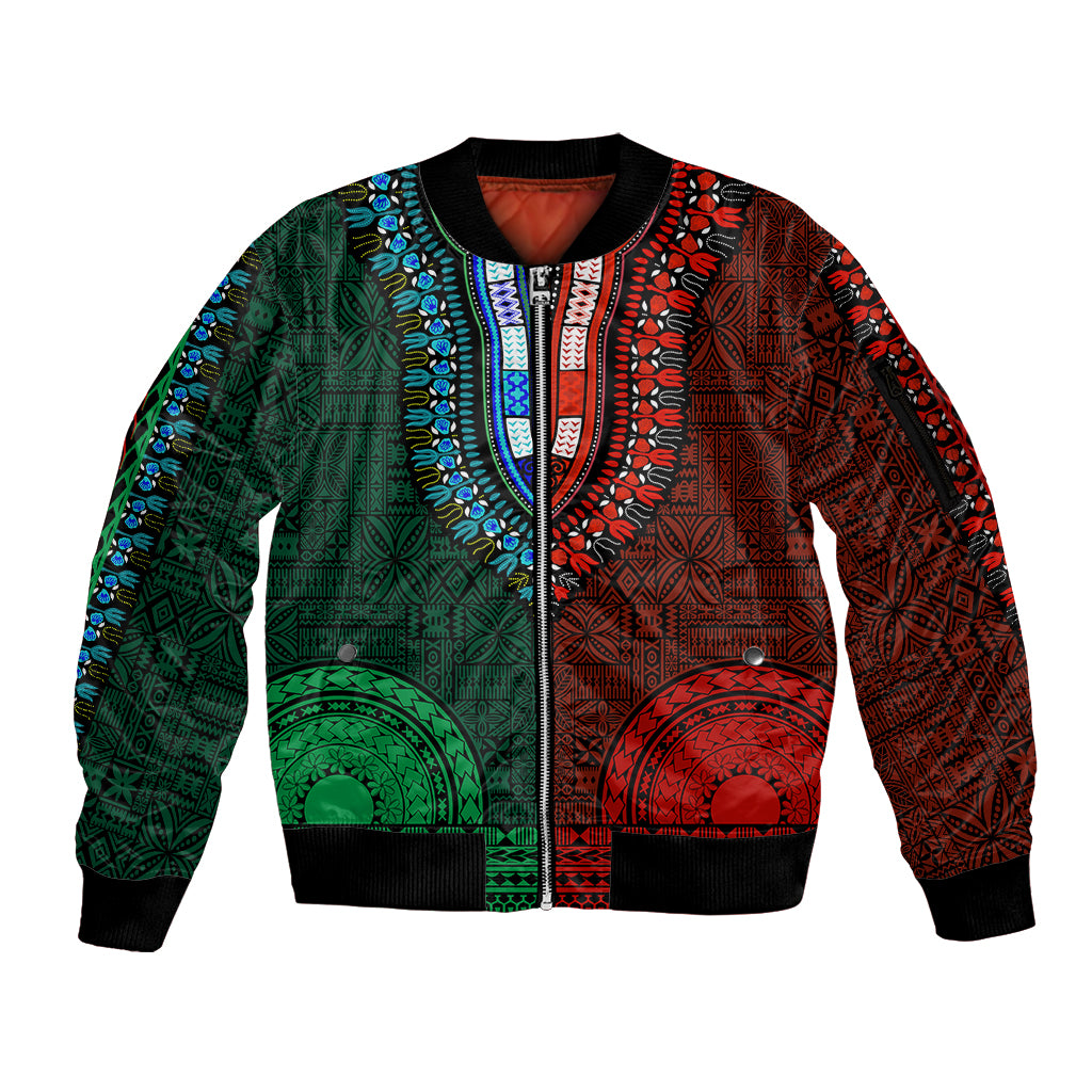 African Dashiki Sleeve Zip Bomber Jacket With Tapa Pattern - Half Green and Red LT9 Unisex Green and Red - Polynesian Pride