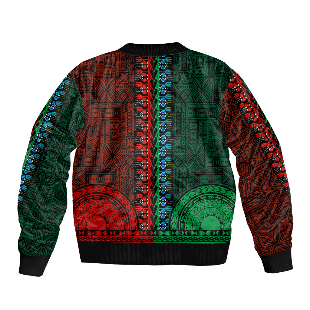 African Dashiki Sleeve Zip Bomber Jacket With Tapa Pattern - Half Green and Red LT9 - Polynesian Pride