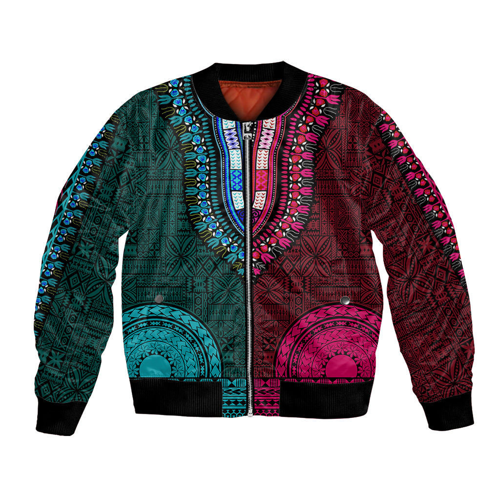 African Dashiki Bomber Jacket With Tapa Pattern - Half Teal and Pink LT9 Unisex Teal and Pink - Polynesian Pride