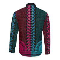 African Dashiki Long Sleeve Button Shirt With Tapa Pattern - Half Teal and Pink LT9 - Polynesian Pride