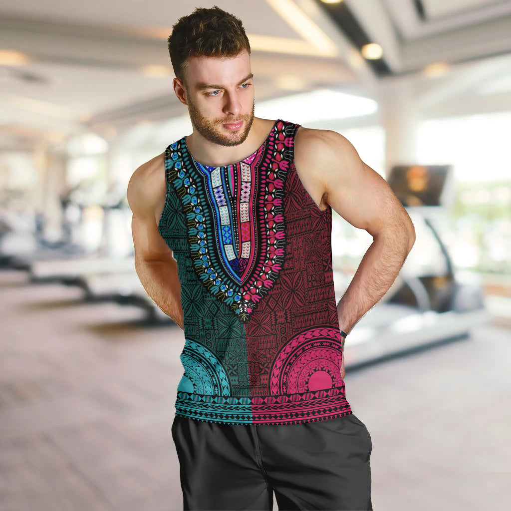 African Dashiki Men Tank Top With Tapa Pattern - Half Teal and Pink LT9 - Polynesian Pride