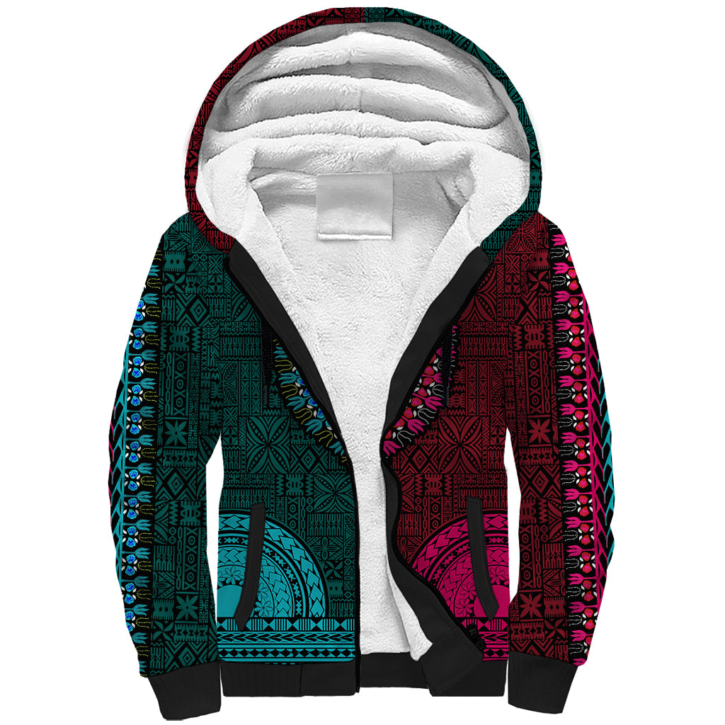 African Dashiki Sherpa Hoodie With Tapa Pattern - Half Teal and Pink LT9 Unisex Teal and Pink - Polynesian Pride