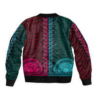 African Dashiki Sleeve Zip Bomber Jacket With Tapa Pattern - Half Teal and Pink LT9 - Polynesian Pride